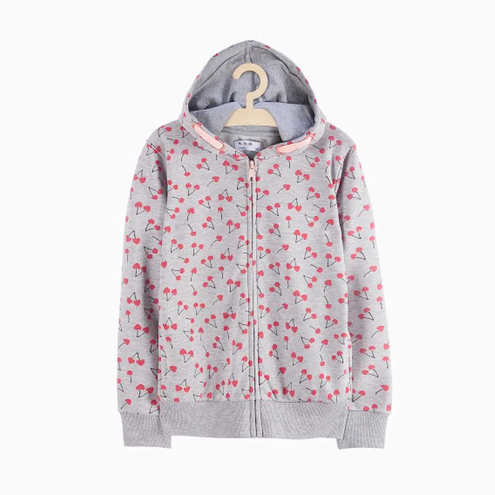 51015 All Over Cherry Print Grey Zipper Hoodie 8437