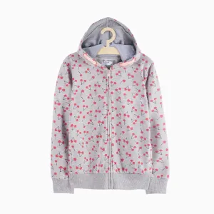 51015 All Over Cherry Print Grey Zipper Hoodie 8437
