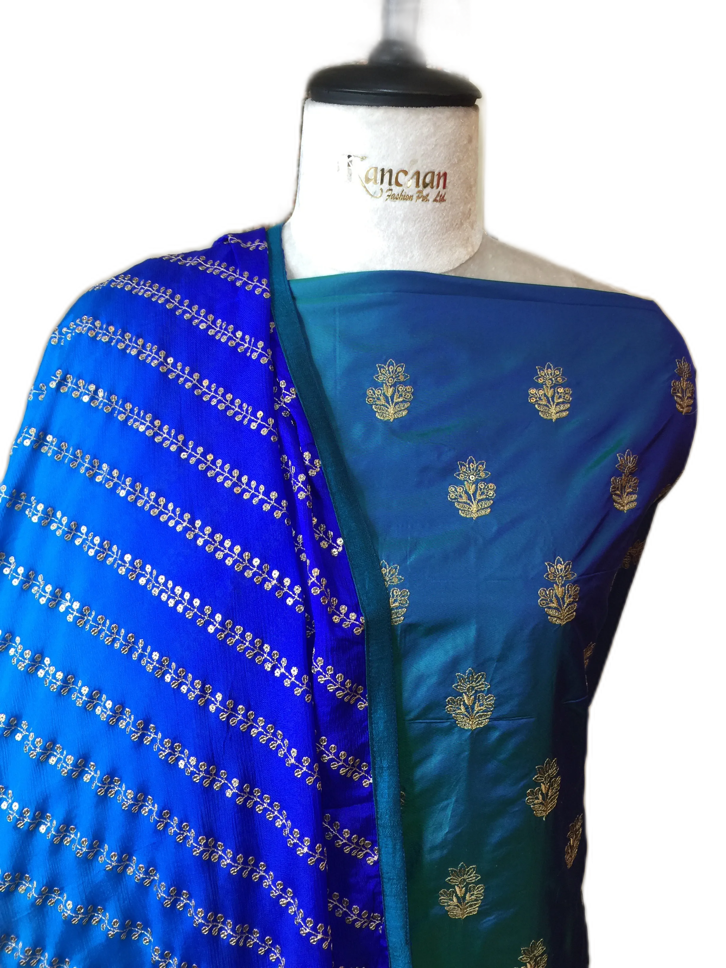 Blue Pure Silk Unstitched Suit with Embroidery