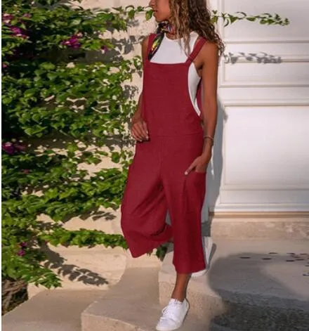 Cotton Linen Casual Loose Suspender Jumpsuit