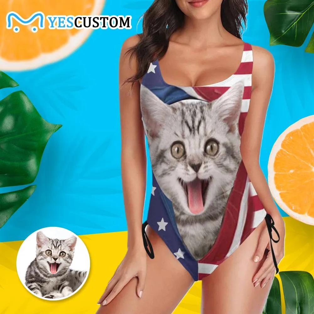 Custom Cat Photo Swimsuit Personalized Women's New Drawstring Side One Piece Bathing Suit Gift Party