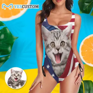 Custom Cat Photo Swimsuit Personalized Women's New Drawstring Side One Piece Bathing Suit Gift Party