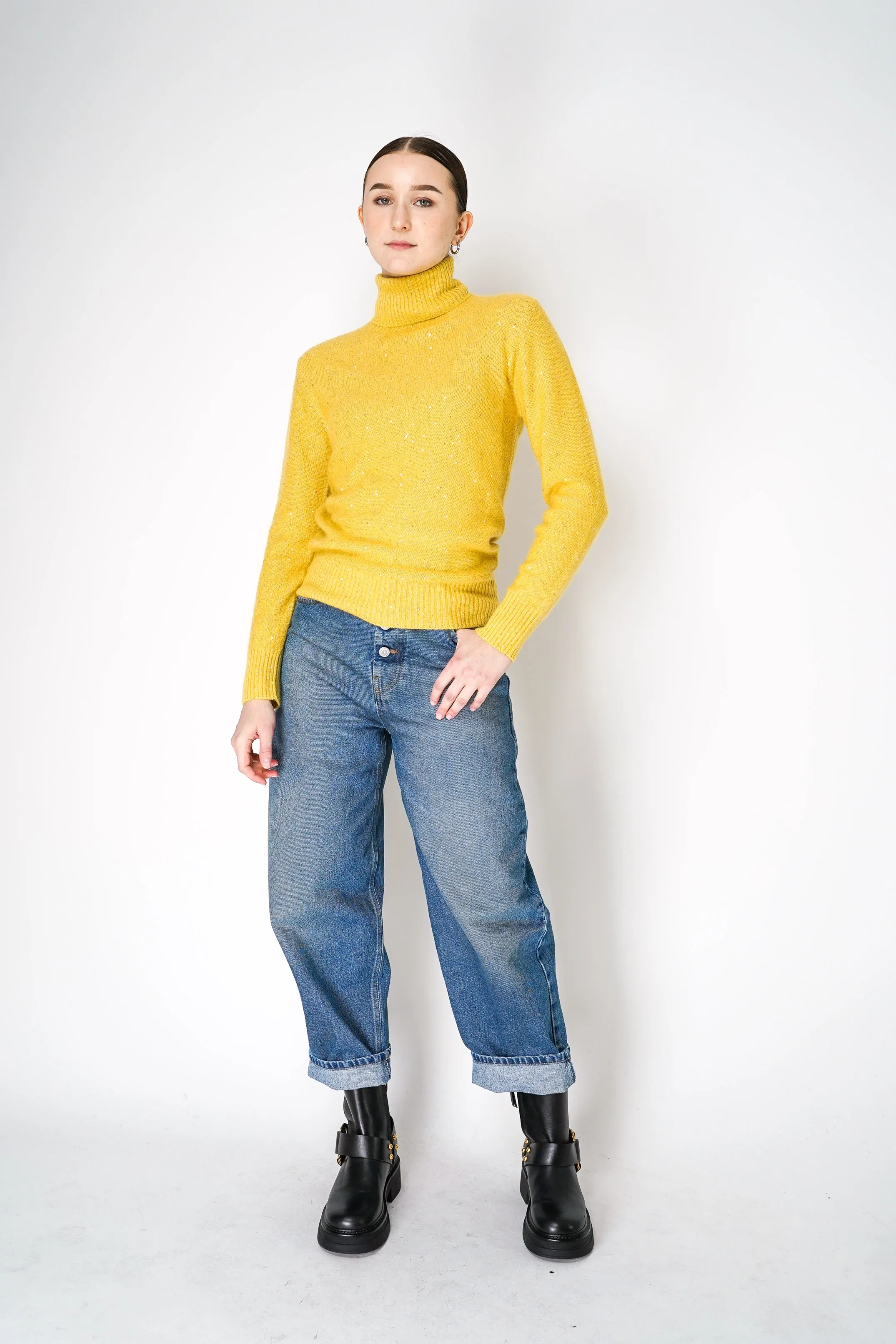 Fabiana Filippi Cashmere Blend Knit Sequined Turtleneck Sweater in Yellow