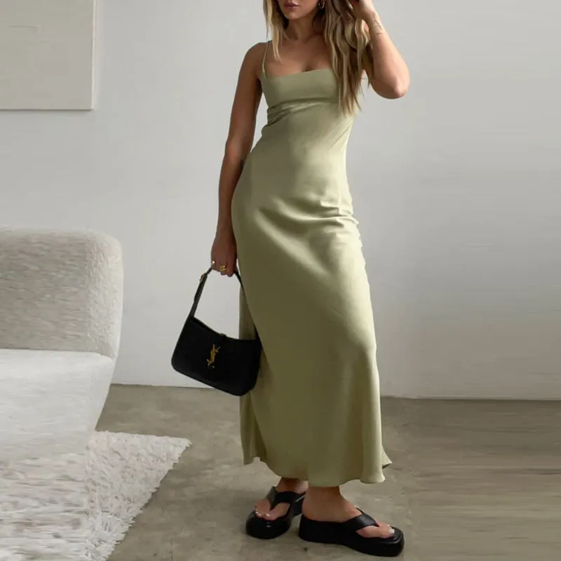 FashionSierra - Chic Women Vintage Satin Long Dresses Elegant Party Bodycon Retro Backless