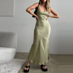 FashionSierra - Chic Women Vintage Satin Long Dresses Elegant Party Bodycon Retro Backless