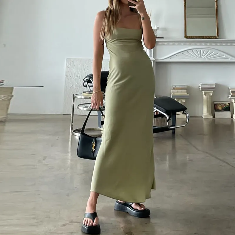 FashionSierra - Chic Women Vintage Satin Long Dresses Elegant Party Bodycon Retro Backless