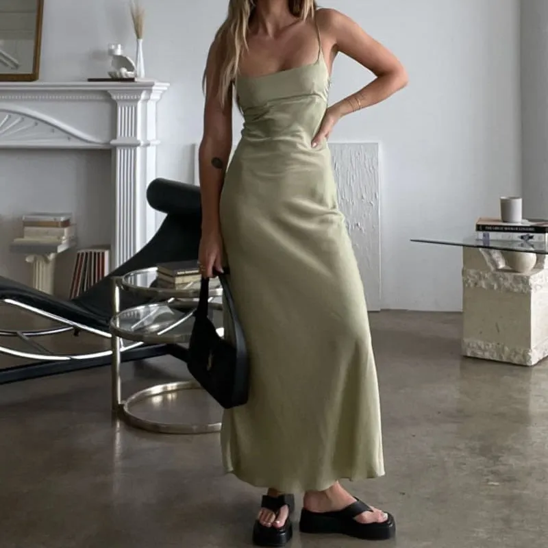 FashionSierra - Chic Women Vintage Satin Long Dresses Elegant Party Bodycon Retro Backless