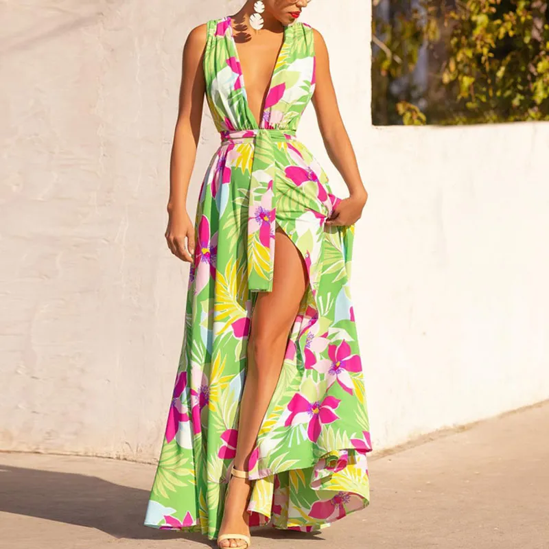 Green Slim Print Button Dress