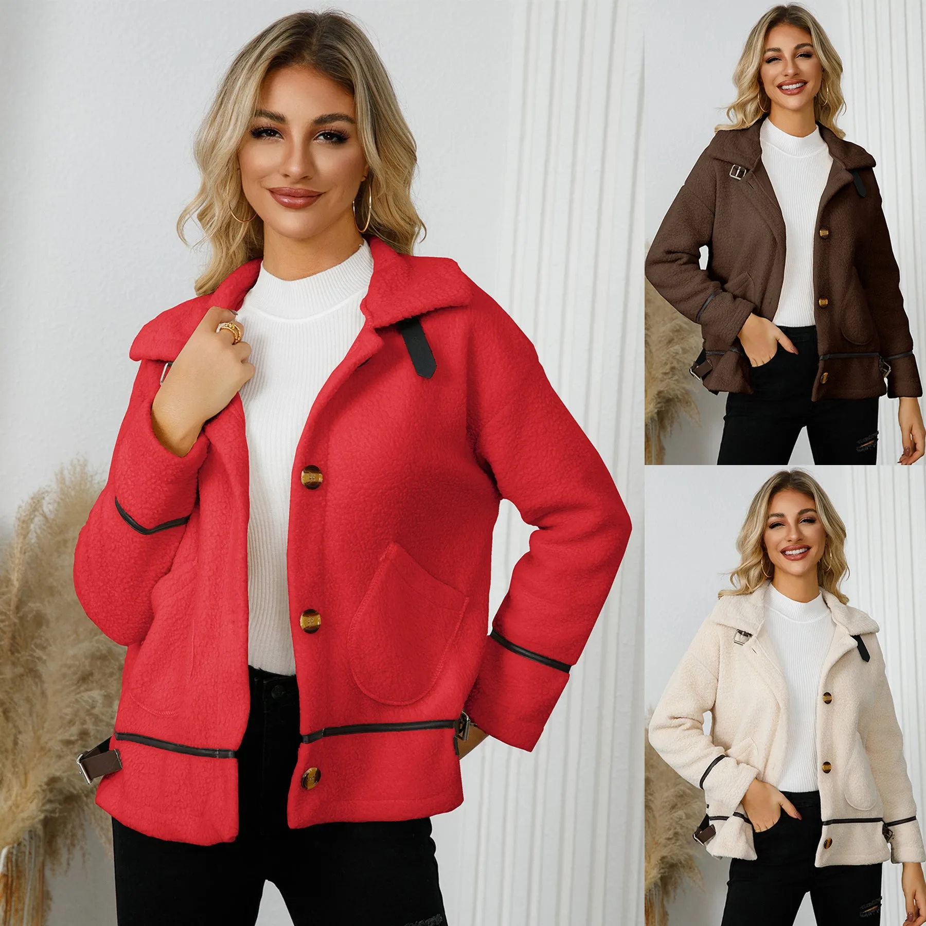 Lapel Buttoned Lambswool Cropped Jacket Wholesale Womens Clothing N3824091200180