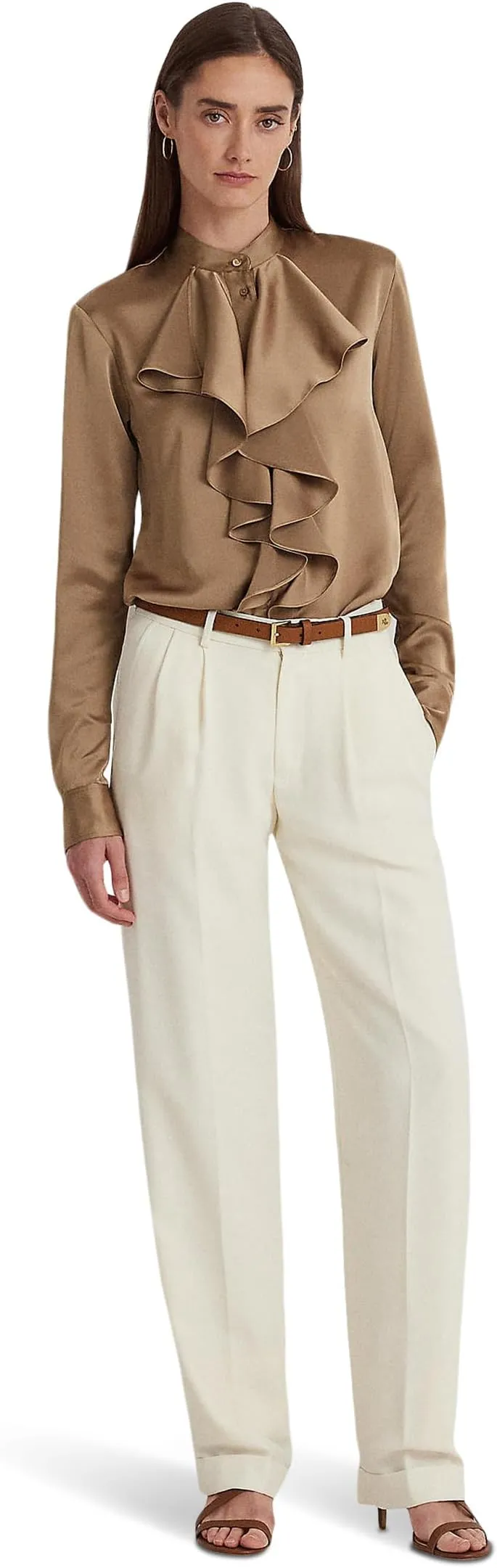 LAUREN Ralph Lauren Satin Charmeuse Ruffle Shirt in Classic Camel