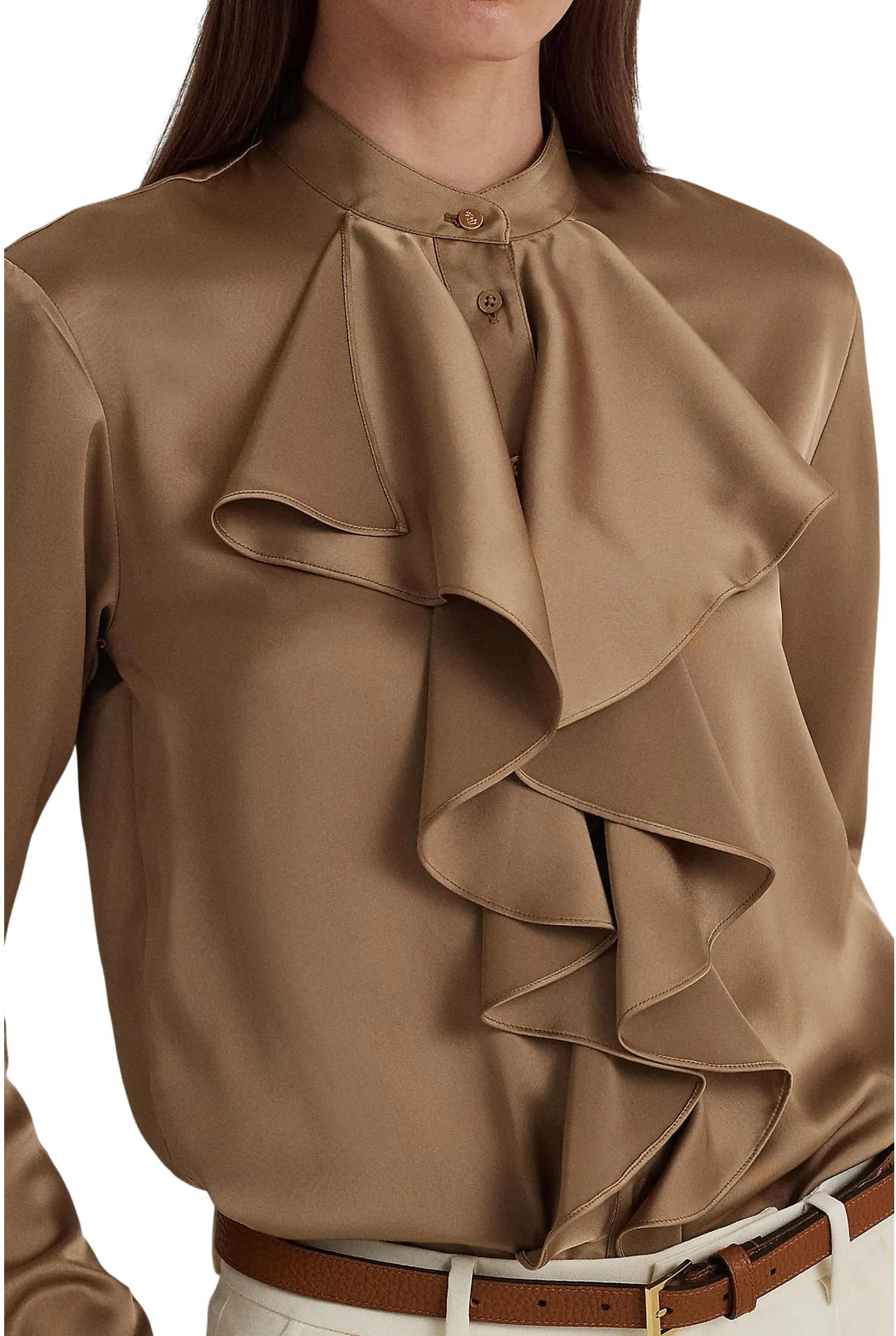 LAUREN Ralph Lauren Satin Charmeuse Ruffle Shirt in Classic Camel