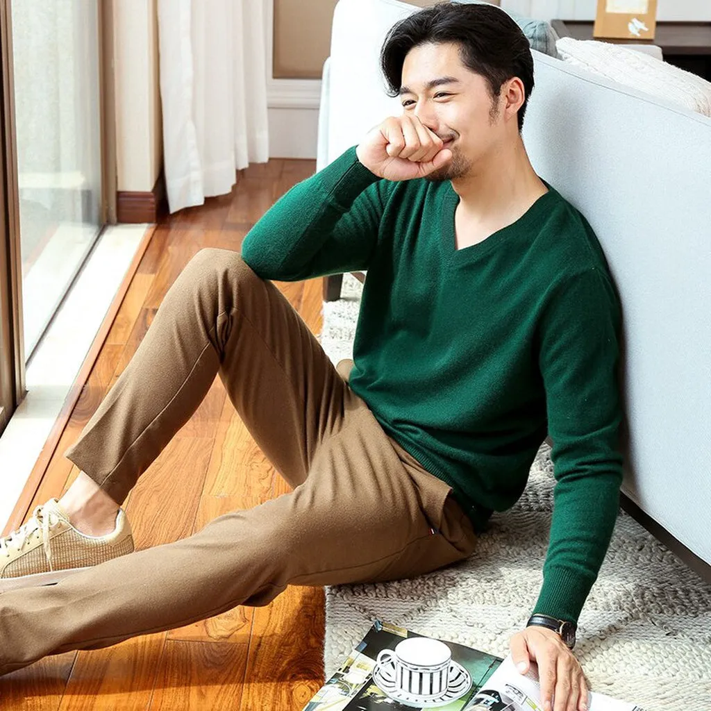 Man Sweater 100% Goat Cashmere Knitted  Winter Warm Pullovers V-Neck Long Sleeve Standard Sweaters Male Jumper 8Colors Tops
