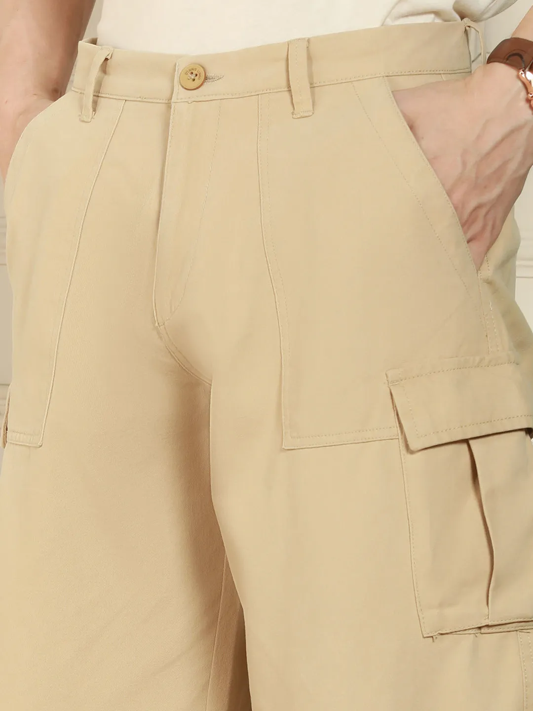 Men's light khaki Relaxed Fit Solid Cotton Lycra Stretchable Trousers
