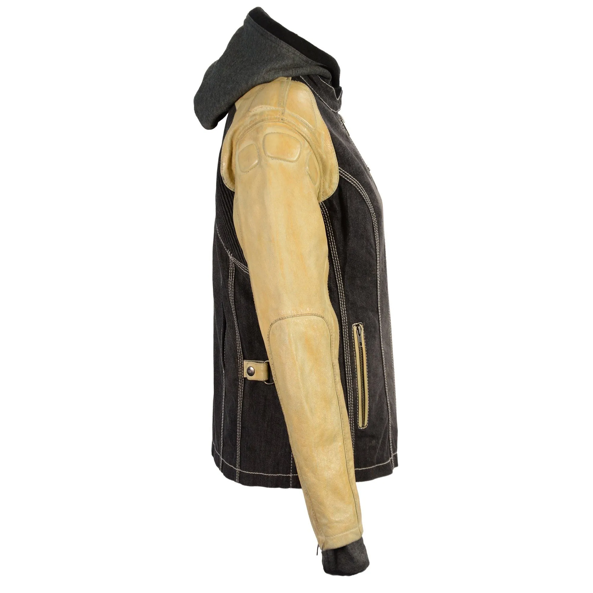 Milwaukee Leather MDL2005 Women's Two Tone Black and Beige Denim & Leather Scuba Jacket with Full Hoodie Jacket Liner