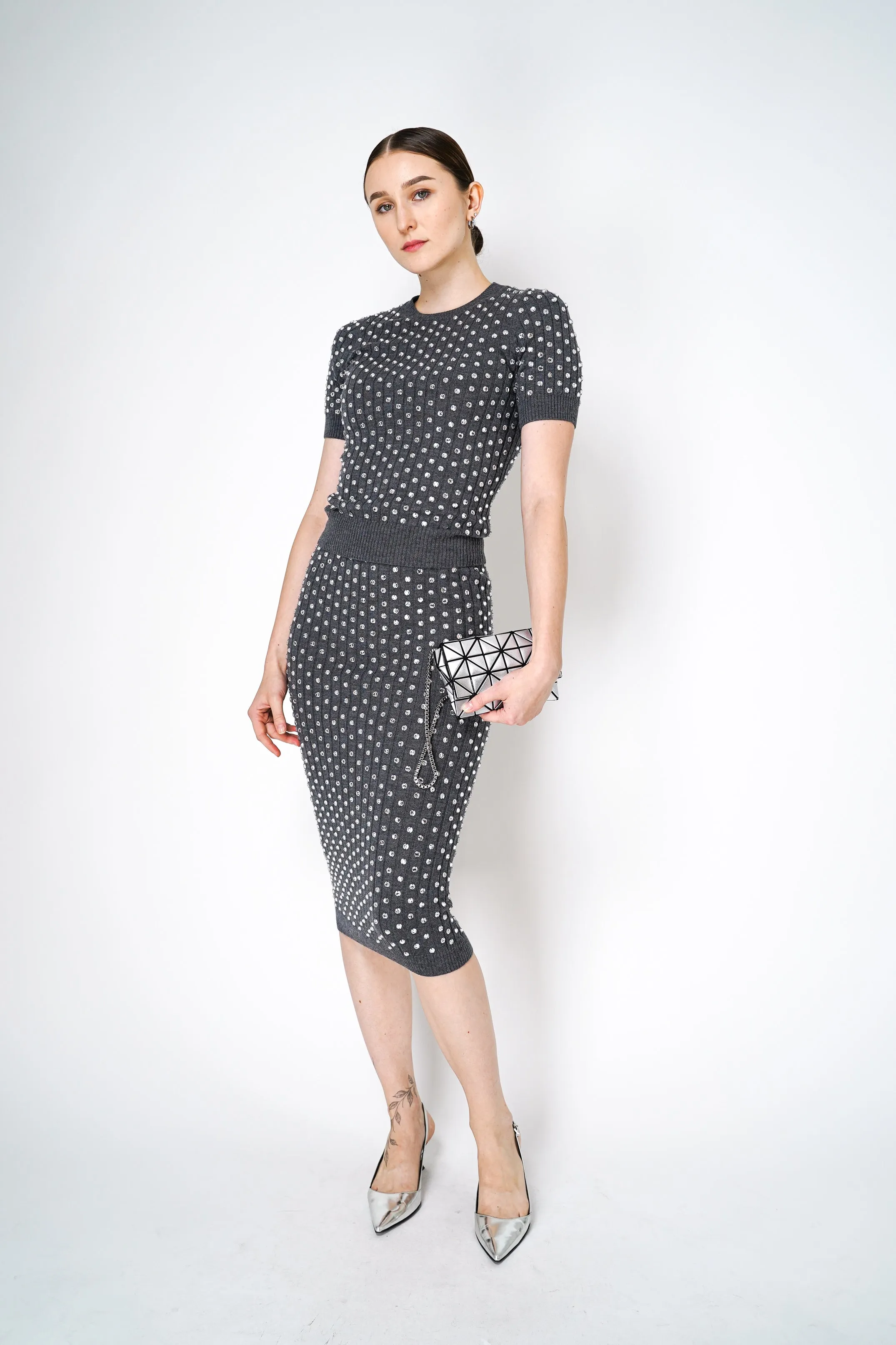 Nº21 Crystal Embellished Knit Top in Grey