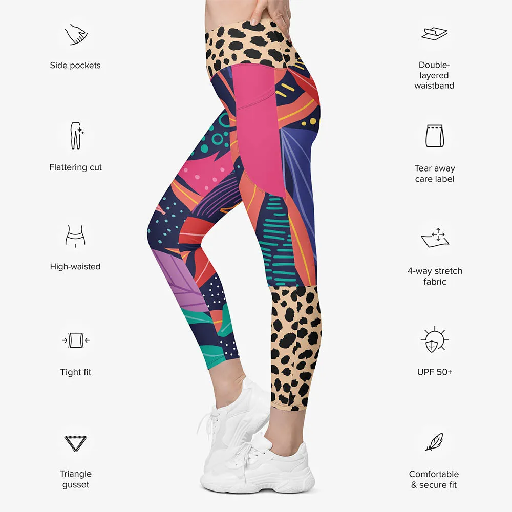 Recycled Animal Printed Leggings "Animal Leaves" Blue/Orange/Green with Pockets