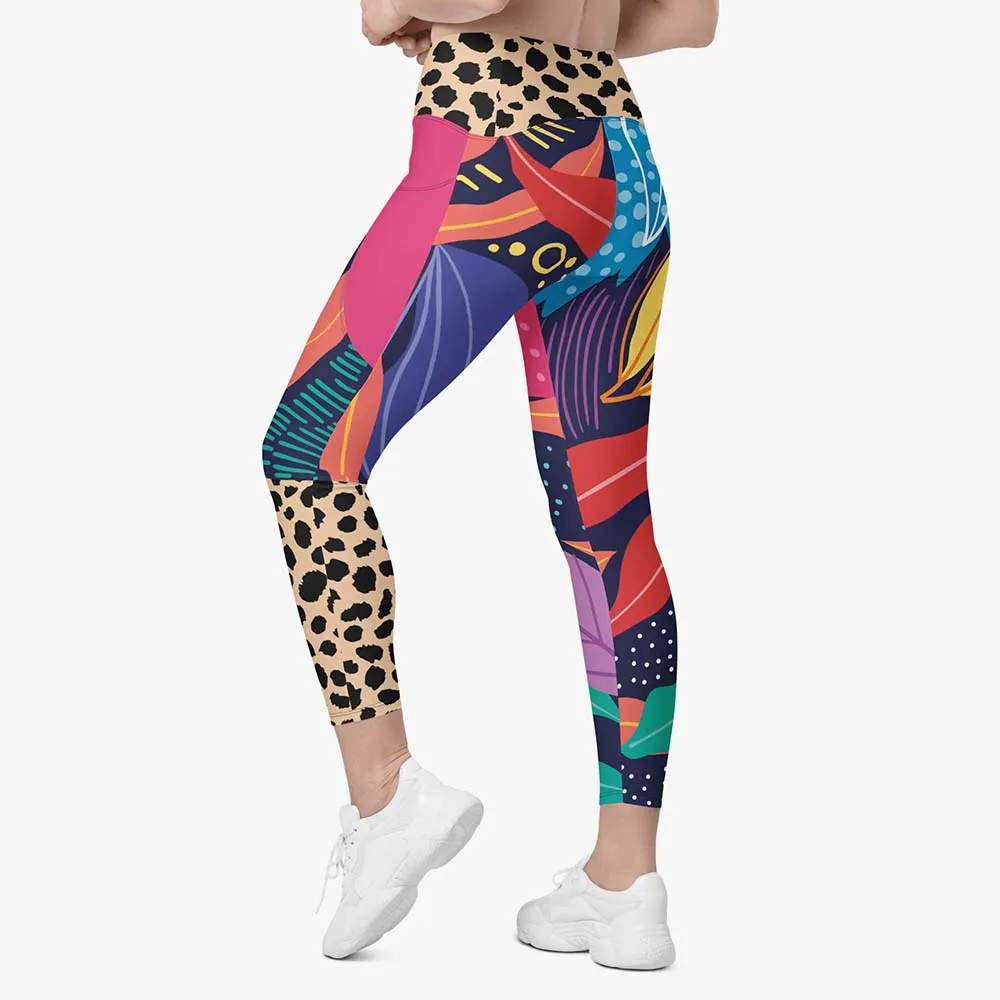 Recycled Animal Printed Leggings "Animal Leaves" Blue/Orange/Green with Pockets