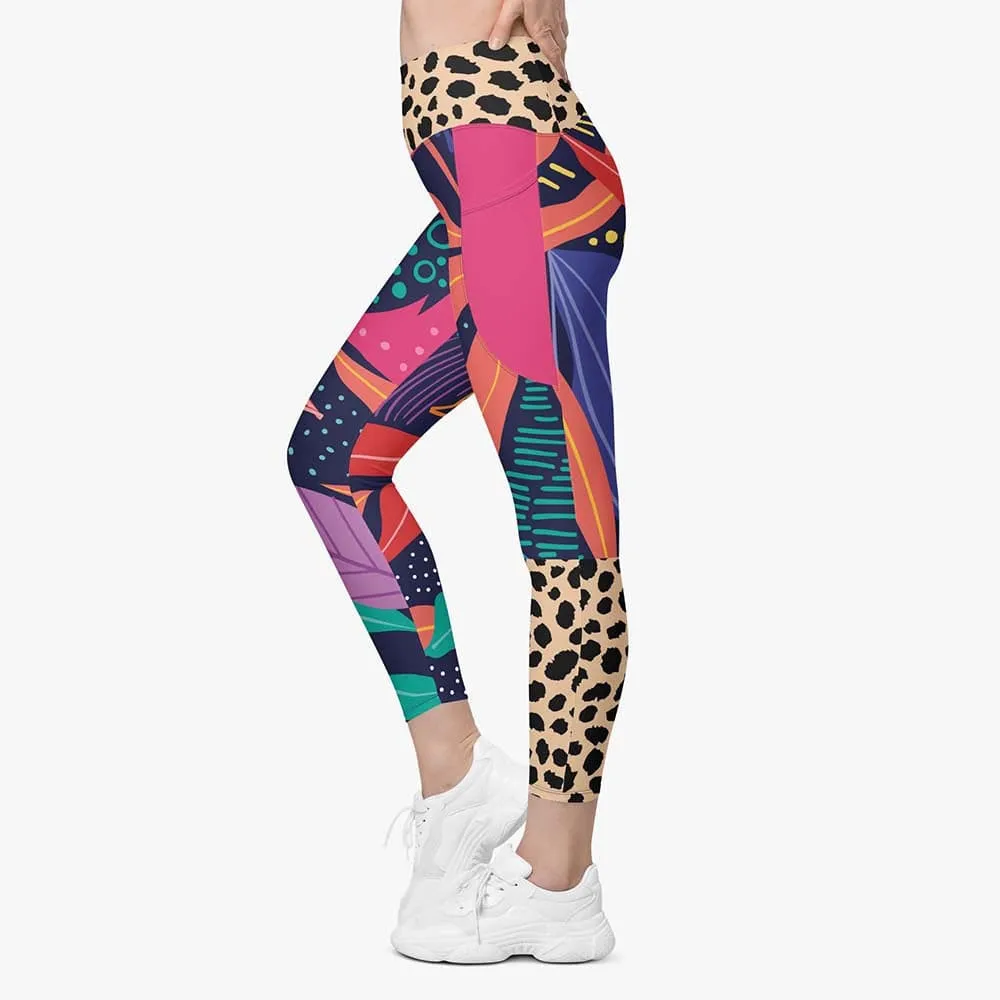 Recycled Animal Printed Leggings "Animal Leaves" Blue/Orange/Green with Pockets