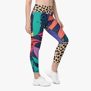Recycled Animal Printed Leggings "Animal Leaves" Blue/Orange/Green with Pockets