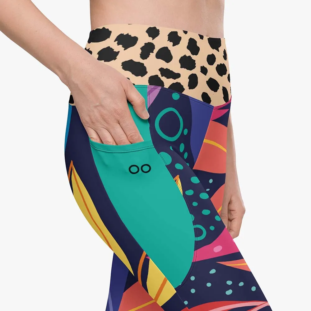 Recycled Animal Printed Leggings "Animal Leaves" Blue/Orange/Green with Pockets