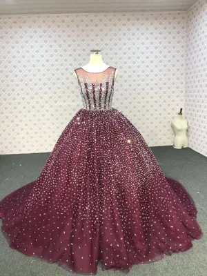 Sliver crystals beaded dark red ball skirt prom quinceanera dresses 2024