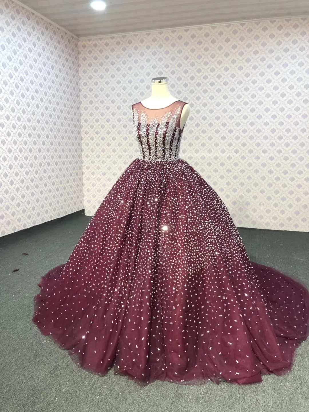 Sliver crystals beaded dark red ball skirt prom quinceanera dresses 2024