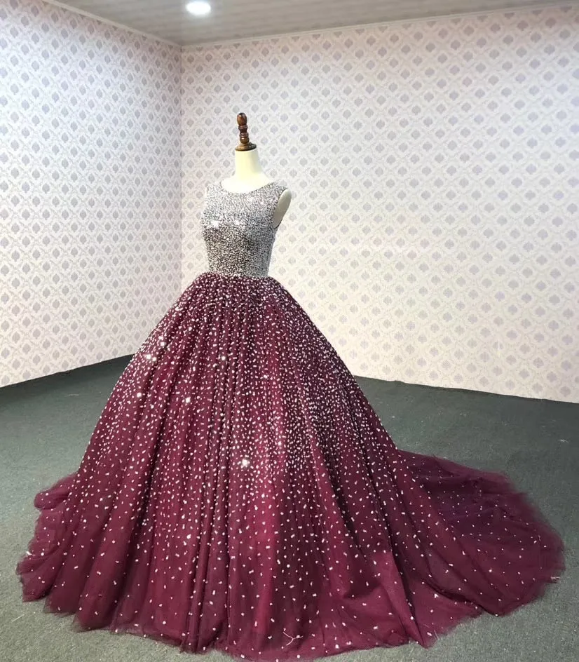 Sliver crystals beaded dark red ball skirt prom quinceanera dresses 2024