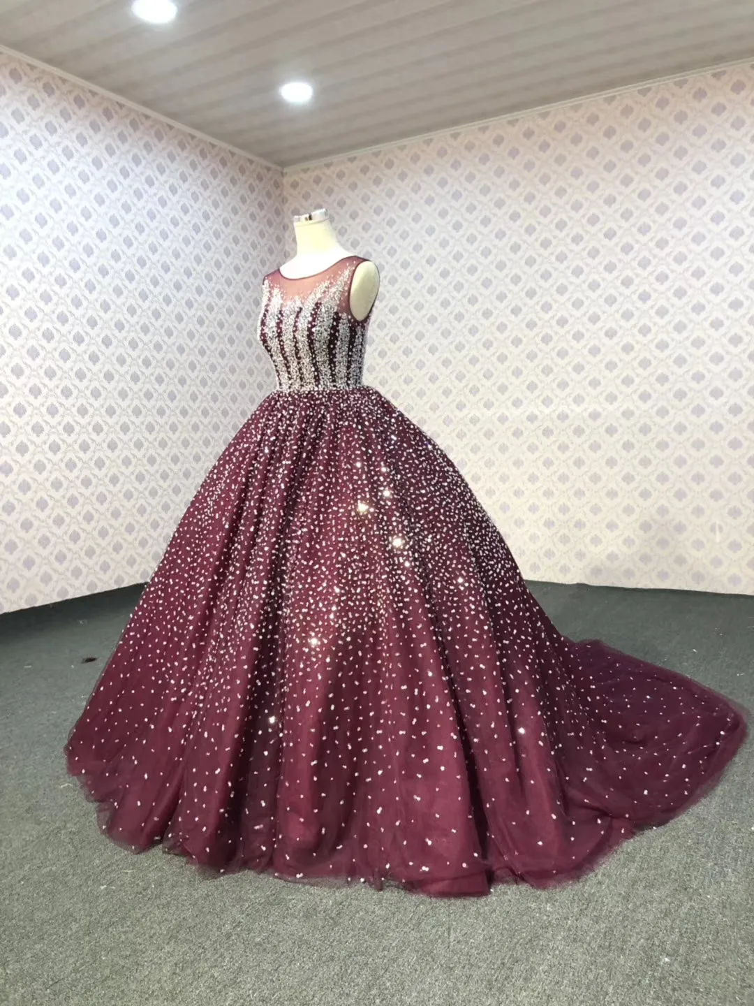 Sliver crystals beaded dark red ball skirt prom quinceanera dresses 2024