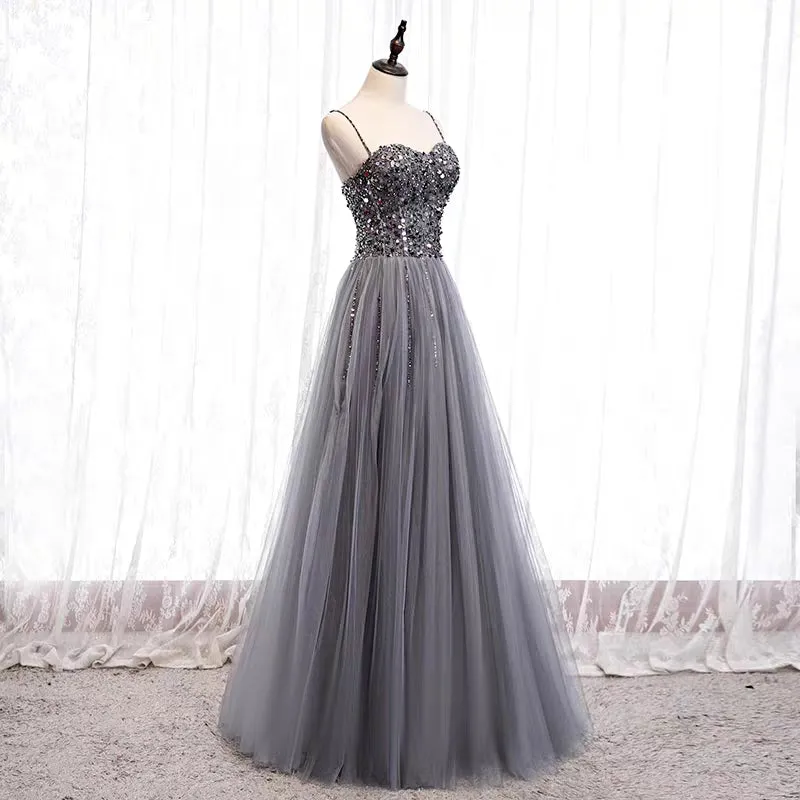 Spaghetti straps sweetheart sequins crystals beaded gray tulle prom dresses 2020