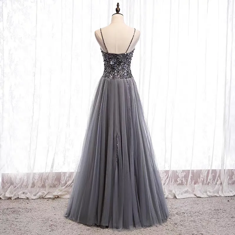 Spaghetti straps sweetheart sequins crystals beaded gray tulle prom dresses 2020
