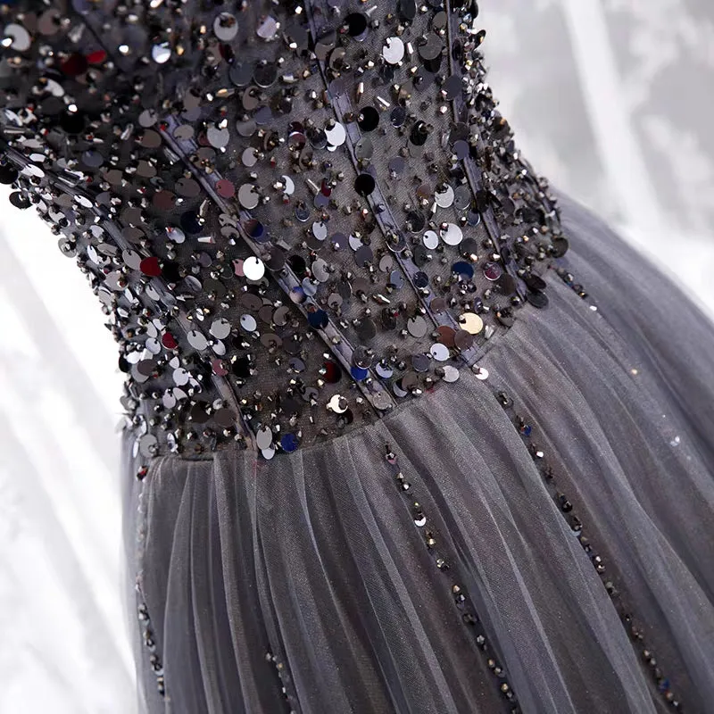 Spaghetti straps sweetheart sequins crystals beaded gray tulle prom dresses 2020