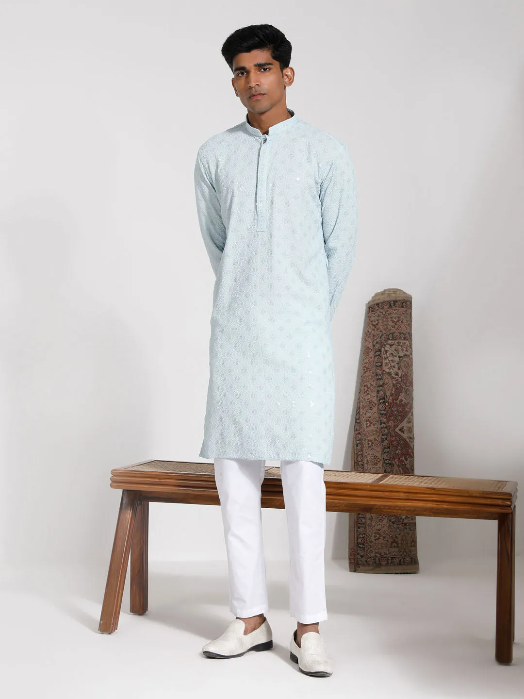 VASTRAMAY Men's Aqua Rayon Kurta Set