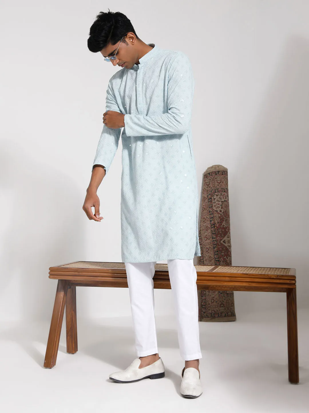 VASTRAMAY Men's Aqua Rayon Kurta Set