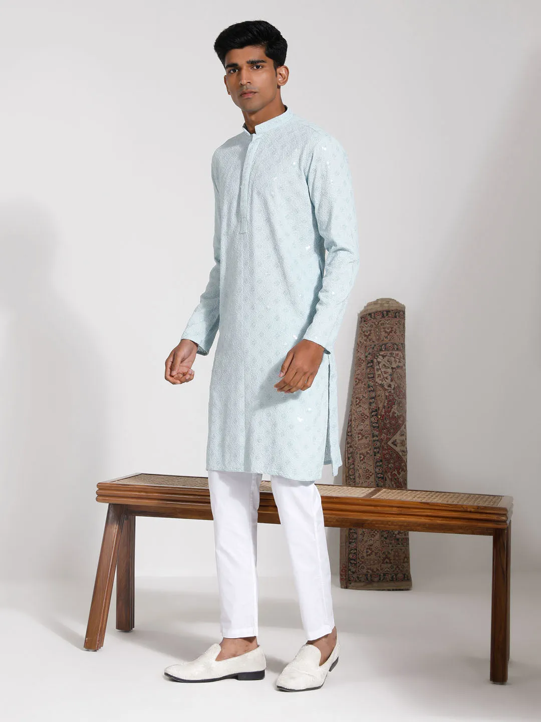 VASTRAMAY Men's Aqua Rayon Kurta Set