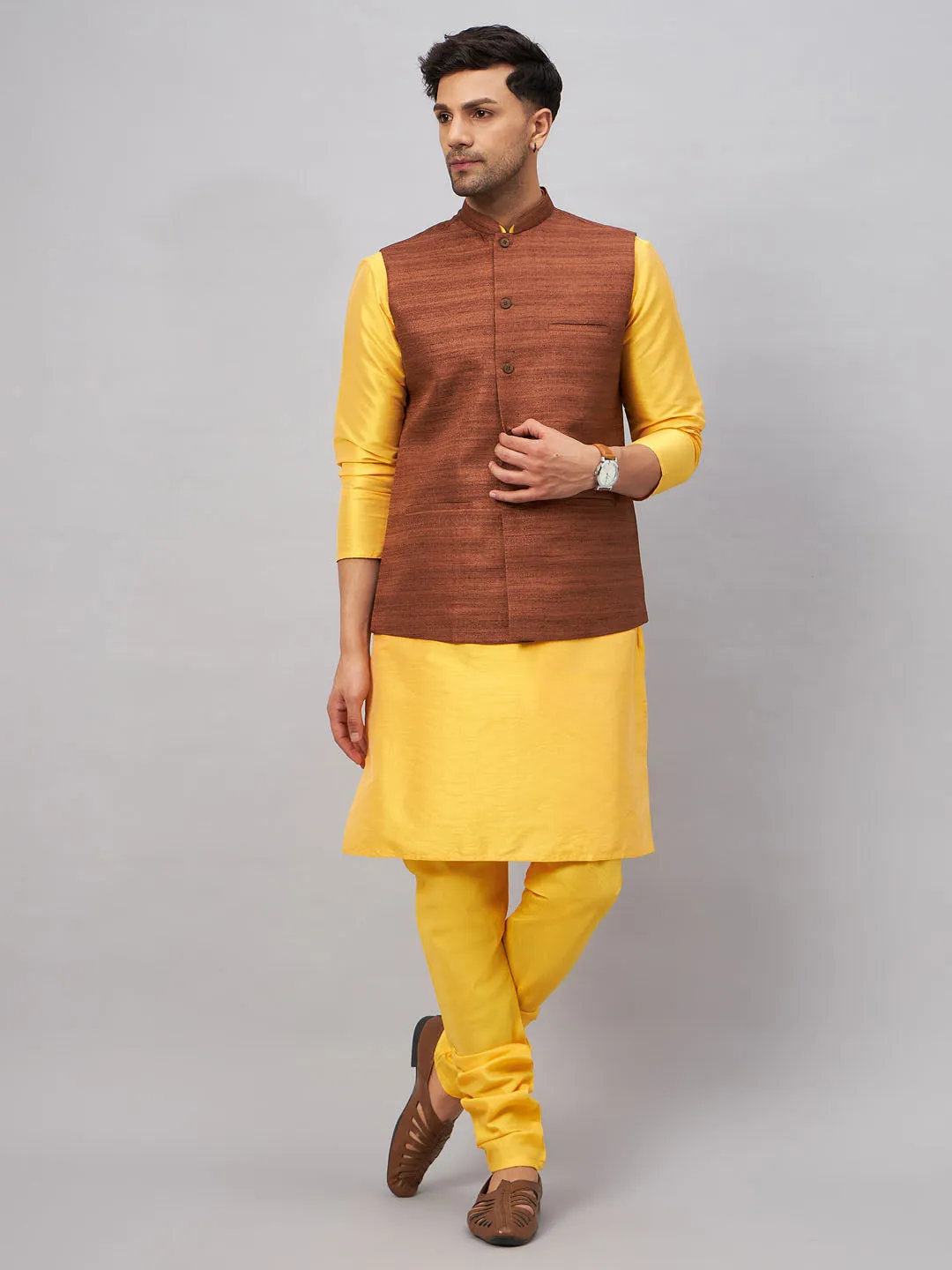 VASTRAMAY Men's Coffee Jacket Set With Yellow Kurta