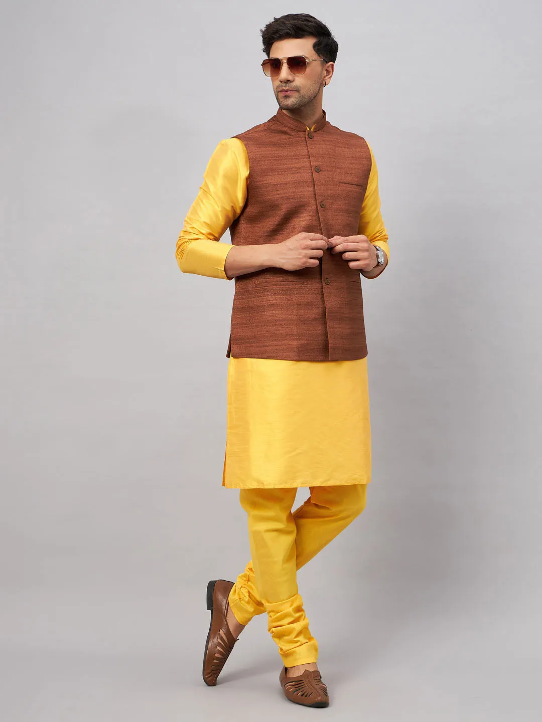 VASTRAMAY Men's Coffee Jacket Set With Yellow Kurta