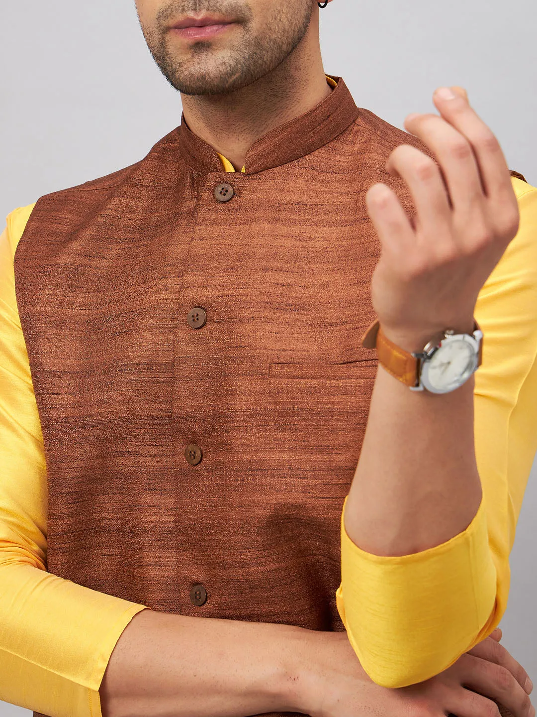 VASTRAMAY Men's Coffee Jacket Set With Yellow Kurta