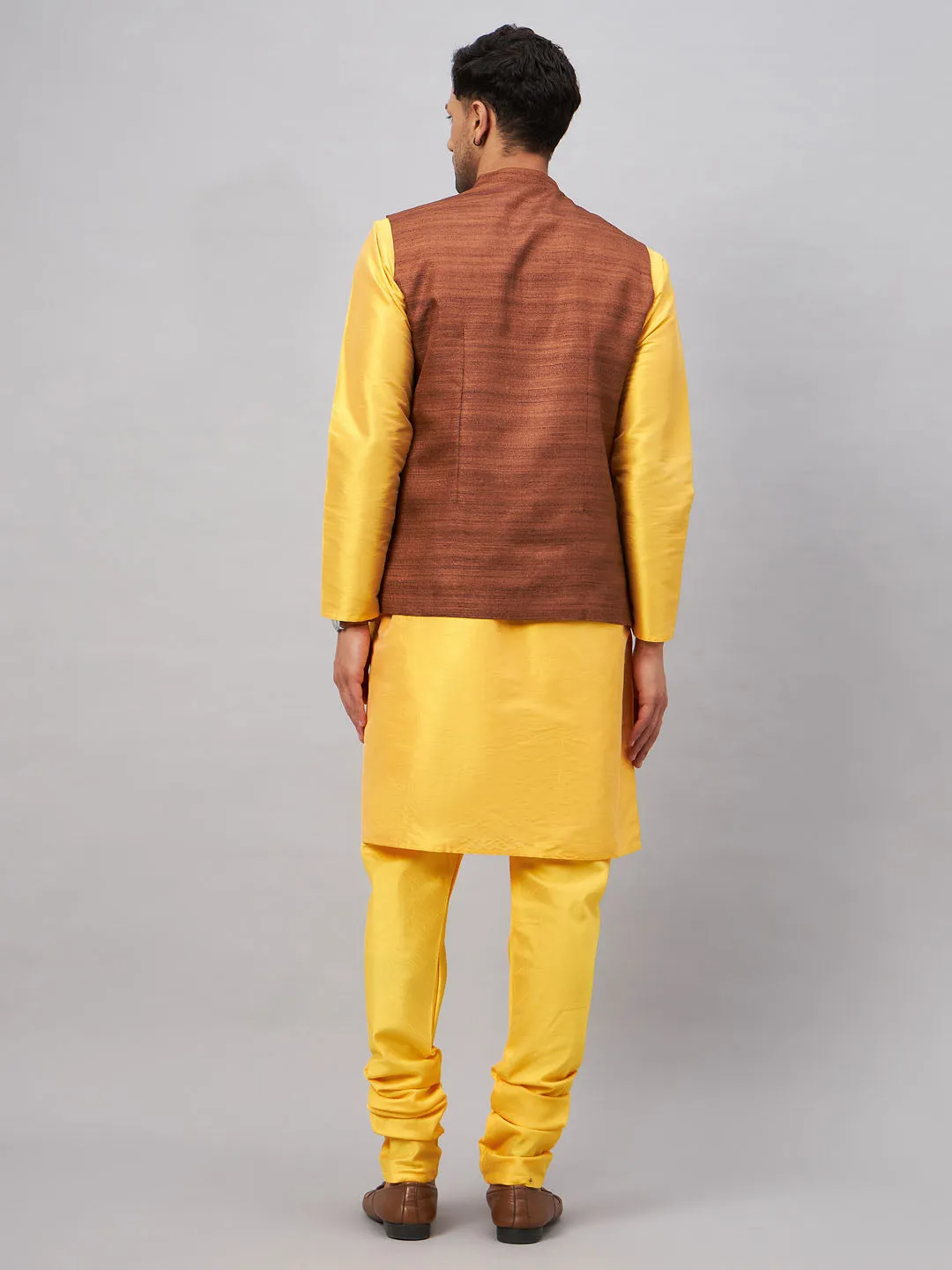 VASTRAMAY Men's Coffee Jacket Set With Yellow Kurta