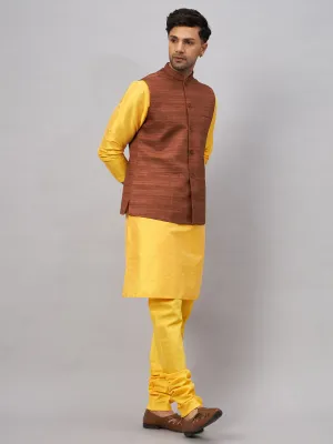 VASTRAMAY Men's Coffee Jacket Set With Yellow Kurta