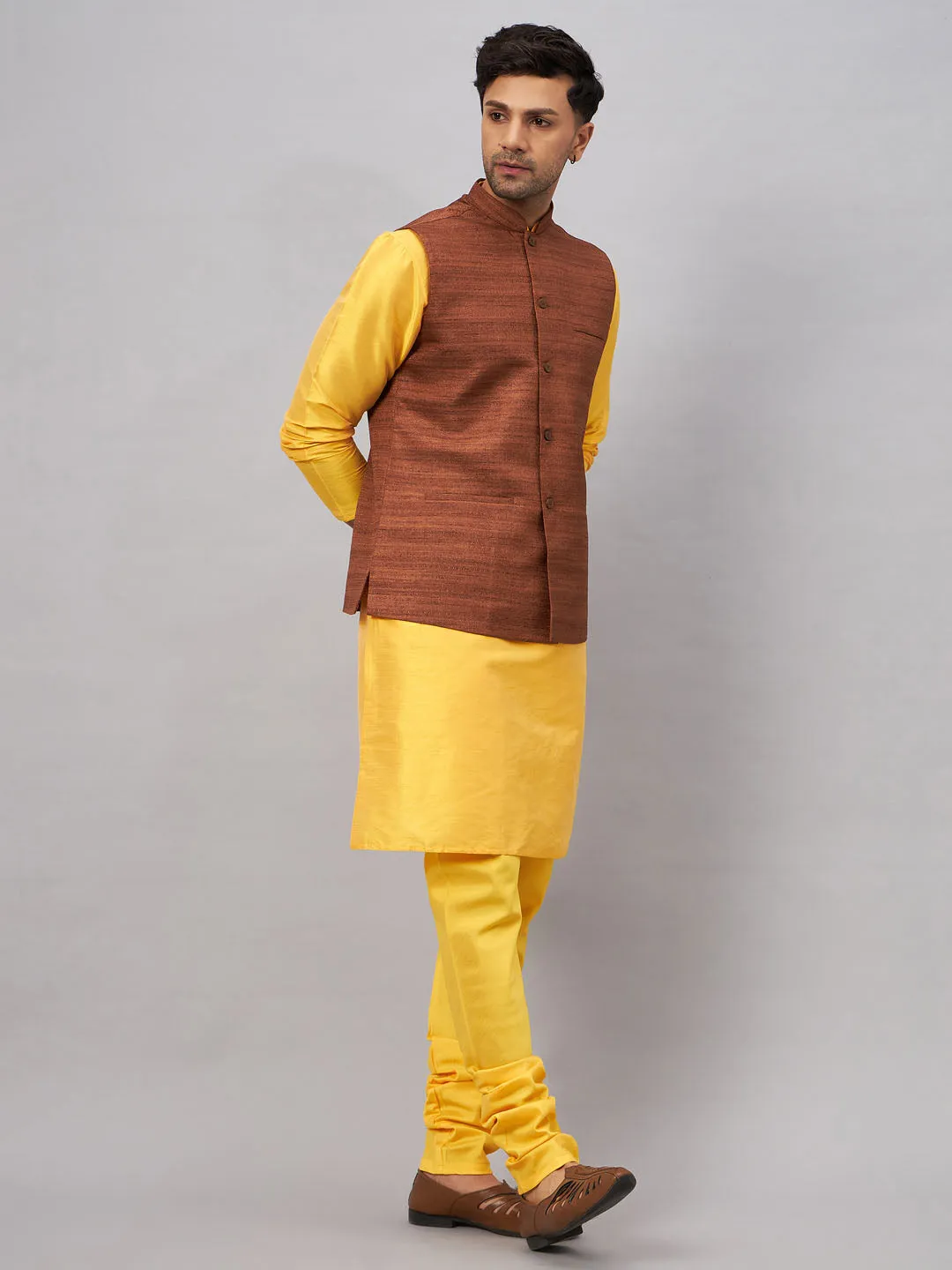 VASTRAMAY Men's Coffee Jacket Set With Yellow Kurta