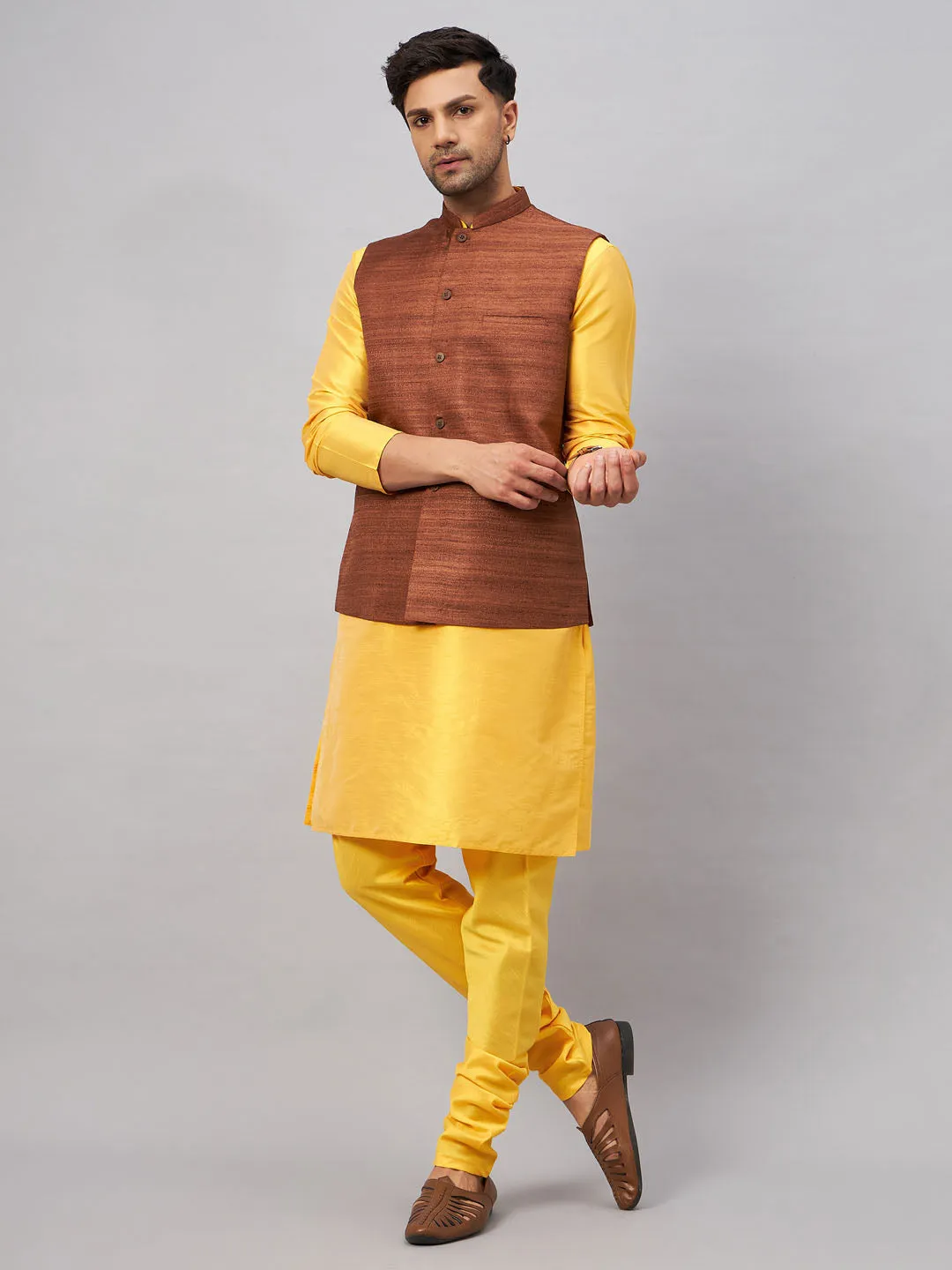 VASTRAMAY Men's Coffee Jacket Set With Yellow Kurta