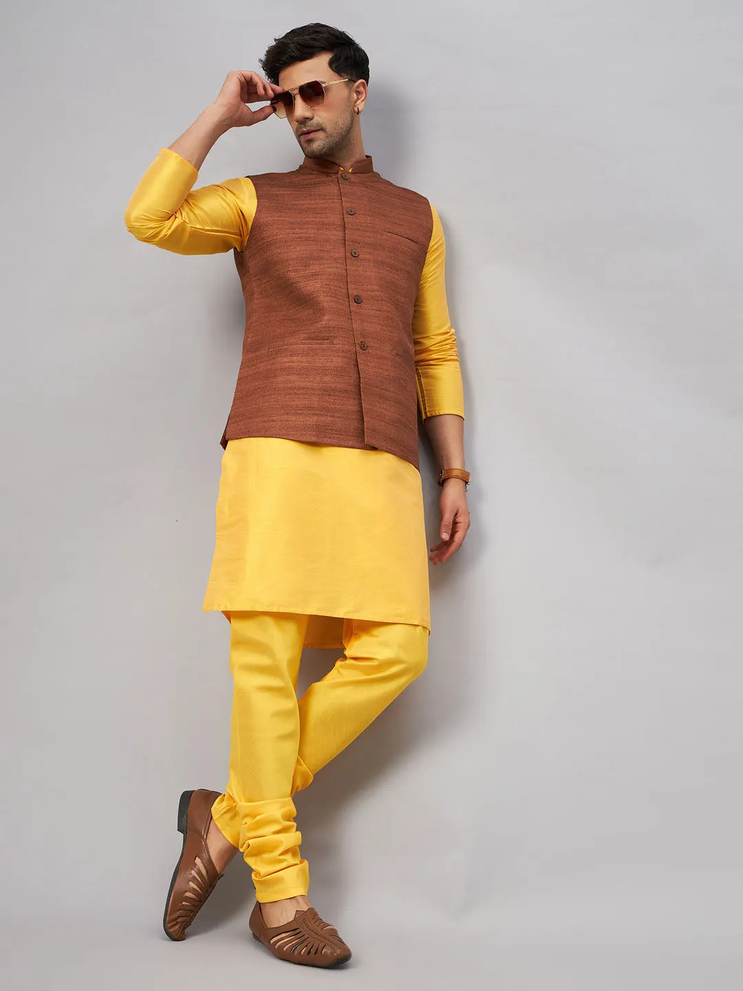 VASTRAMAY Men's Coffee Jacket Set With Yellow Kurta