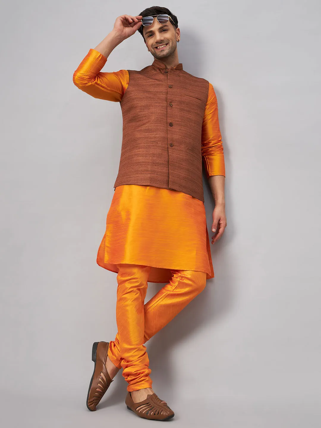 VASTRAMAY Men's Coffee Nehru Jacket Kurta Pyjama