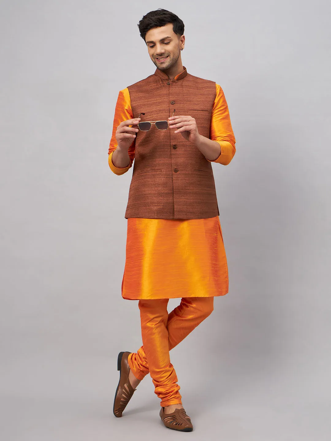 VASTRAMAY Men's Coffee Nehru Jacket Kurta Pyjama
