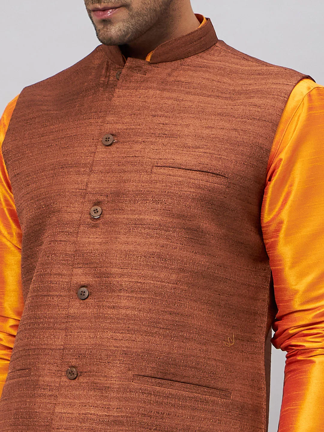 VASTRAMAY Men's Coffee Nehru Jacket Kurta Pyjama