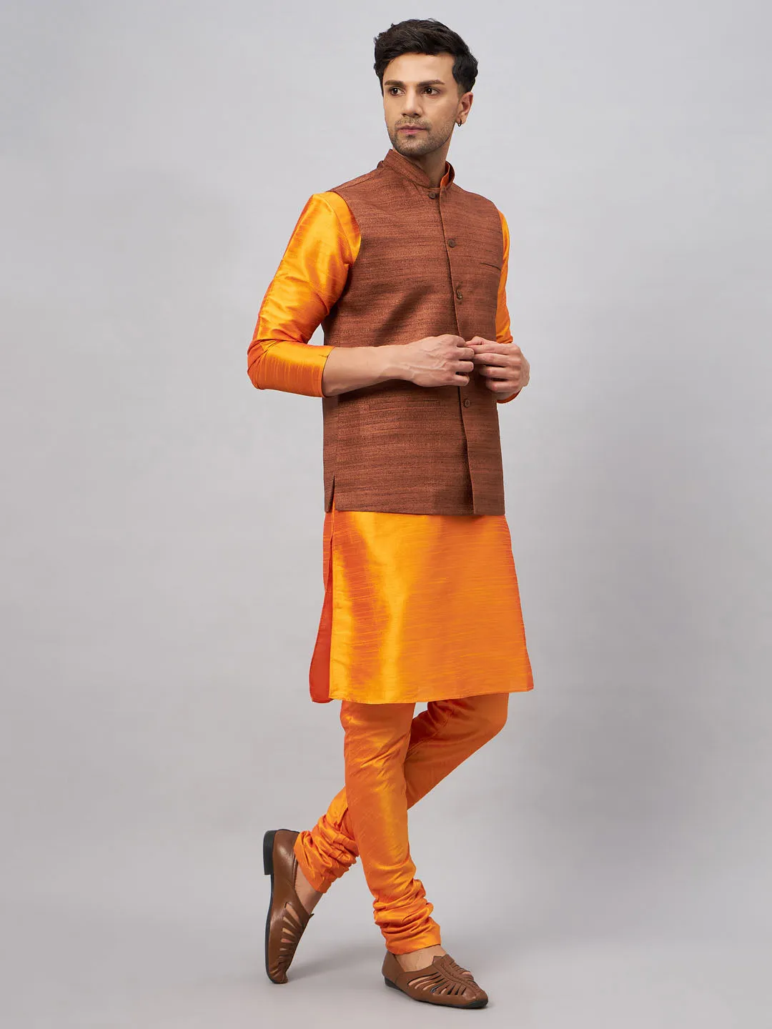 VASTRAMAY Men's Coffee Nehru Jacket Kurta Pyjama