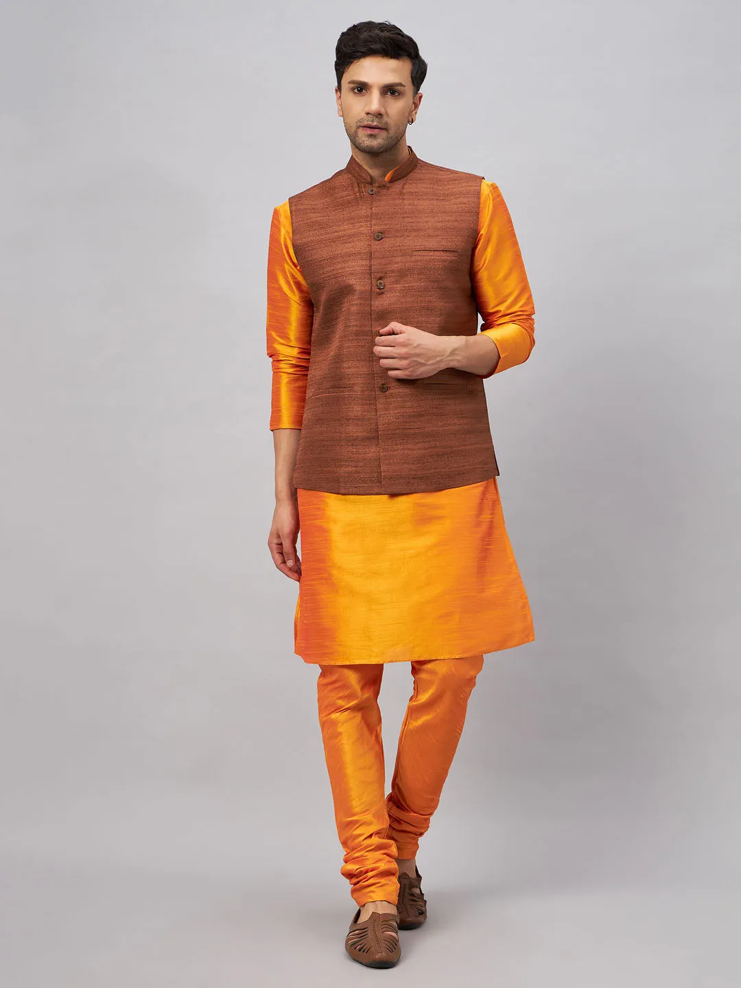 VASTRAMAY Men's Coffee Nehru Jacket Kurta Pyjama