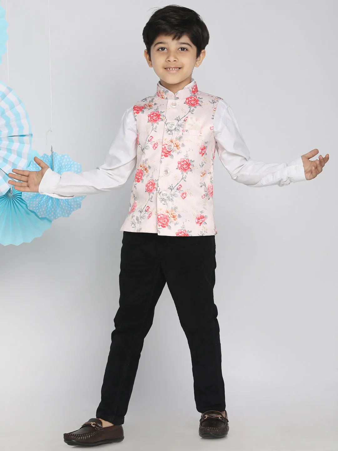 Vastramay Multicolor-Base-Peach Floral Printed Baap Beta Ethnic Jacket Set