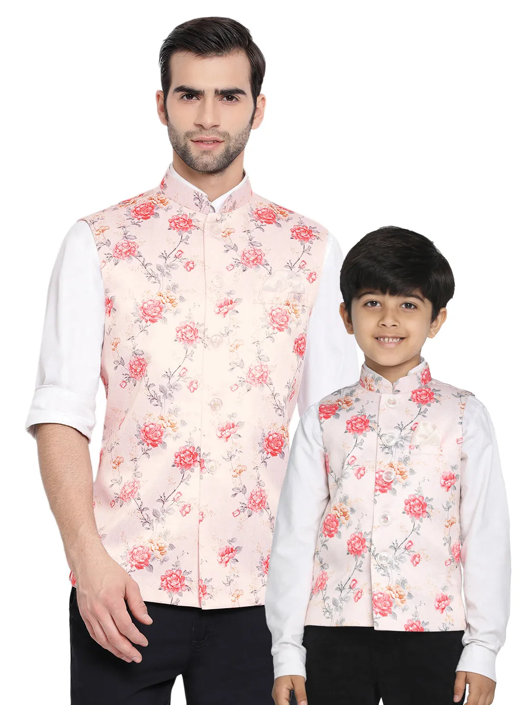 Vastramay Multicolor-Base-Peach Floral Printed Baap Beta Ethnic Jacket Set